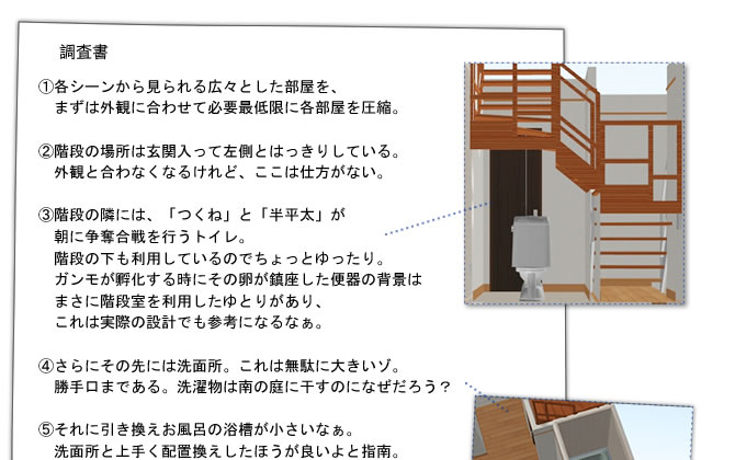 
『Gu-Guガンモ』（1）各シーンから見られる広々とした部屋をまずは外観に合わせて必要最低限に圧縮。
（2）階段の場所は玄関入って左側とはっきりしている。外観と合わなくなるけれど、ここは仕方がない。
（3）階段の隣には、「つくね」と「半平太」が朝に争奪合戦を行うトイレ。階段の下も利用しているのでちょっとゆったり。ガンモが孵化する時にその卵が鎮座した便器の背景はまさに階段室を利用したゆとりがあり、これは参考になるなぁ。
（4）さらにその先には洗面所。これは無駄に大きいゾ。勝手口まである。洗濯物は南の庭に干すのに何故だろう？
（5）それに引き換えお風呂の浴槽が小さいなぁ。洗面所と上手く配置換えしたほうが良いよと指南。