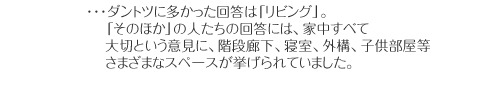 ����_���g�c�ɑ��������񓚂́u���r���O�v �@ �u���̂ق��v�̐l�����̉񓚂́A�ƒ����ׂ� �@ ��؂Ƃ����ӌ��ɁA�K�i�L���A�Q���A�O�\�q���������@ ���܂��܂ȃX�y�[�X���������Ă��܂����B�@ 