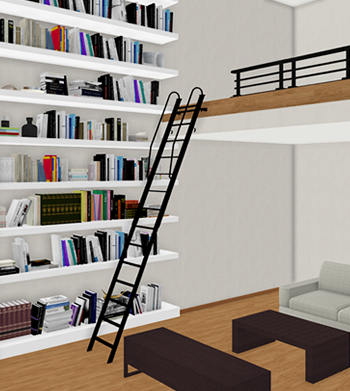 天井が高く広い面積が得られる、階段やはしご脇の壁面は、大きな本棚を作るのに最適なスペースです。単なる収納だけでなく、魅せるインテリアとしても魅力がありますね。