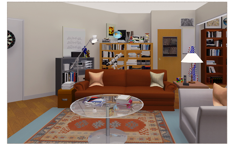 TheBigBangTheoryレナードの家のリビングの３Dモデル。赤いソファがかわいい。