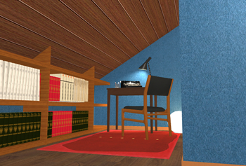 屋根の低い部分を書庫に活用した隠れ家的な書斎空間。