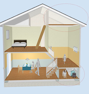 階とみなされない、屋根裏収納は二階の床面積の1/2までが上限となりますが、中二階の床下に設置する床下収納や半地下収納は、1階の床面積の1/2まで設置可能です。
このように組み合わせることで、屋根裏収納だけでは、限界のある収納空間を生み出すことができるのもスキップフロアの魅力です。