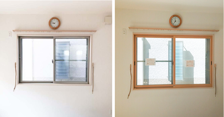 右：内窓取り付け前の１階和室の腰窓です。左：取り付け後の１階和室の腰窓です。無機質なアルミの窓枠が見えなくなり、とても明るく暖かな雰囲気になりました。