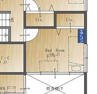 外壁に面する唯一の壁の側面に、クローゼットがあるため、エアコンを設置すると扉と干渉する可能性がある子供部屋の間取りです。