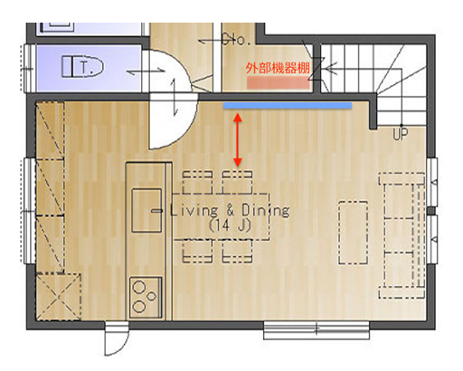 テレビ台を無くして、壁掛けテレビにすると、大きく通路に余裕が生まれます。テレビ台のサイズに制約を受けることがなく、壁のスペースを許す限り大きなテレビを設置することも可能です。この間取りではソファやキッチンからも、大変見やすくなるでしょう。
さらに壁裏のクローゼットを活用して外部機器棚を設置することもできそうです。