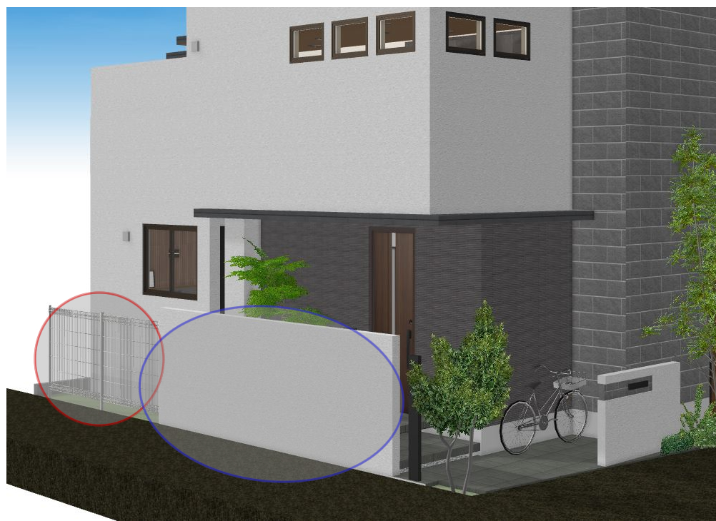 元からあったフェンス（赤丸印）と道路側はブロック塀への吹付塗装仕上げに（青丸印）。