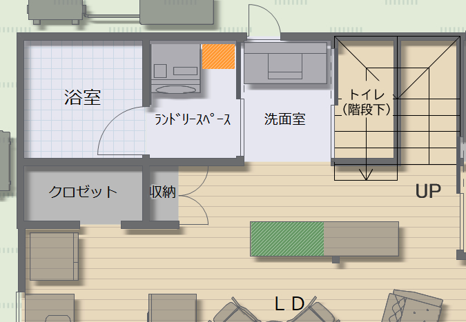 グリーン色の部分にパジャマ・下着・部屋着類の収納を。ランドリールームには、洗濯機とその上にガス乾燥機、横の隙間（オレンジ色の部分）にタオル類を収める造作収納を設置。