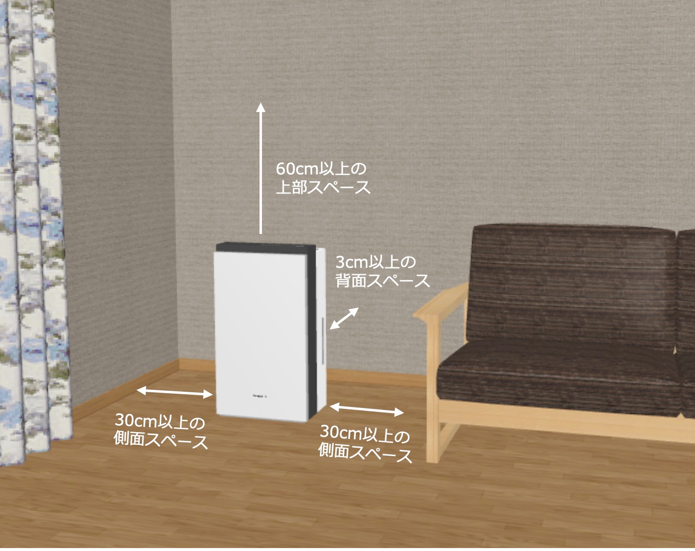 空気清浄機の設置に必要なスペースです。背面吸気タイプでは、背面スペースが3cm以上で設置可能と書かれていても、空気清浄の性能を十分発揮するには、30cm以上必要となっている場合があるので、よく確認しましょう。