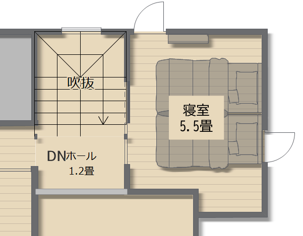 寝室には、片開きの腰窓を2つ設置。シングルベッド2つと通路を確保して最小限の広さに。