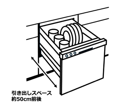 箱型の大きな引き出しのような形状で、上から食器を出し入れする食洗機です。