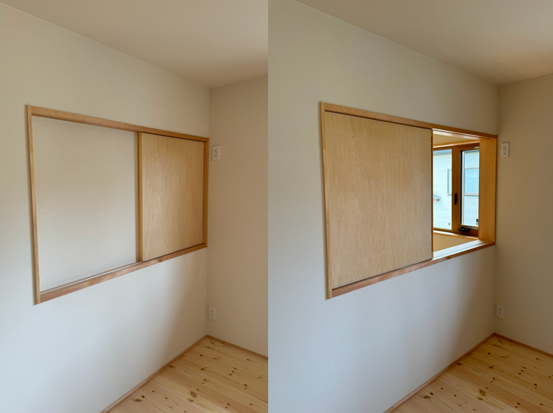 子ども部屋の東側の壁には吹き抜けに面した室内窓があります。開けて１階の空調を取り入れることも、閉めて光や音を遮ることもできます。