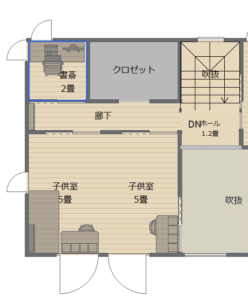 オンライン会議の多いリモートワークため、２階の西北の角に２畳の個室タイプの書斎をつくることに。