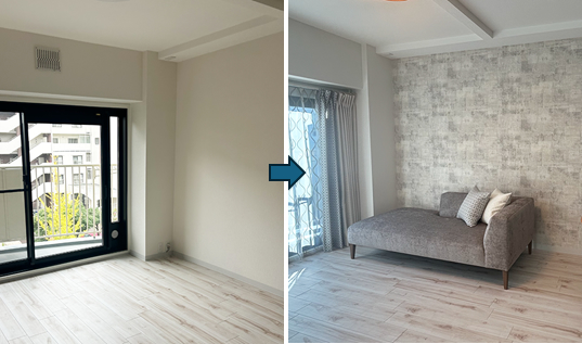 同じマンションの部屋でも、クロスを一面張り替えただけでも素敵な印象になります（日本の事例）。