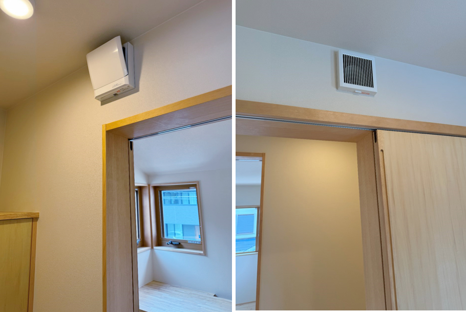 書斎の外の空気を取り込むためのエアパスファン。廊下側（写真左）、書斎側（写真右）。