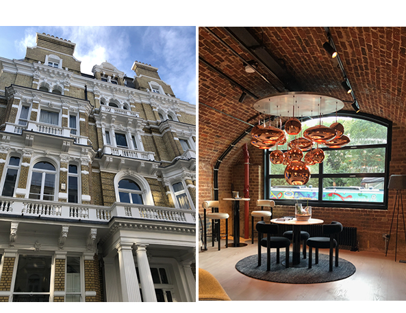 左・写真①：ビクトリア時代の２００年近い美しい住宅。右写真②：レンガの壁をそのまま活かしたインテリア空間。