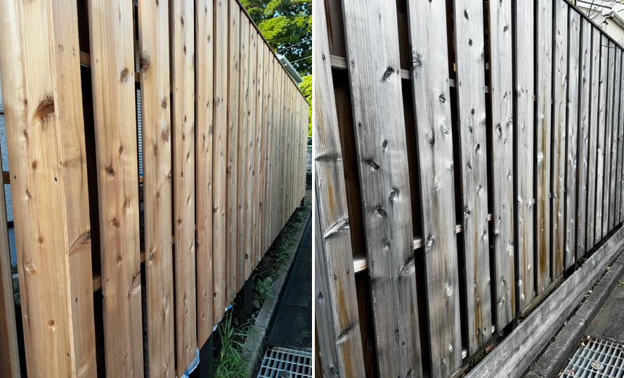 道路に面した木塀は、すっかりシルバーグレーに変化してしまいました。