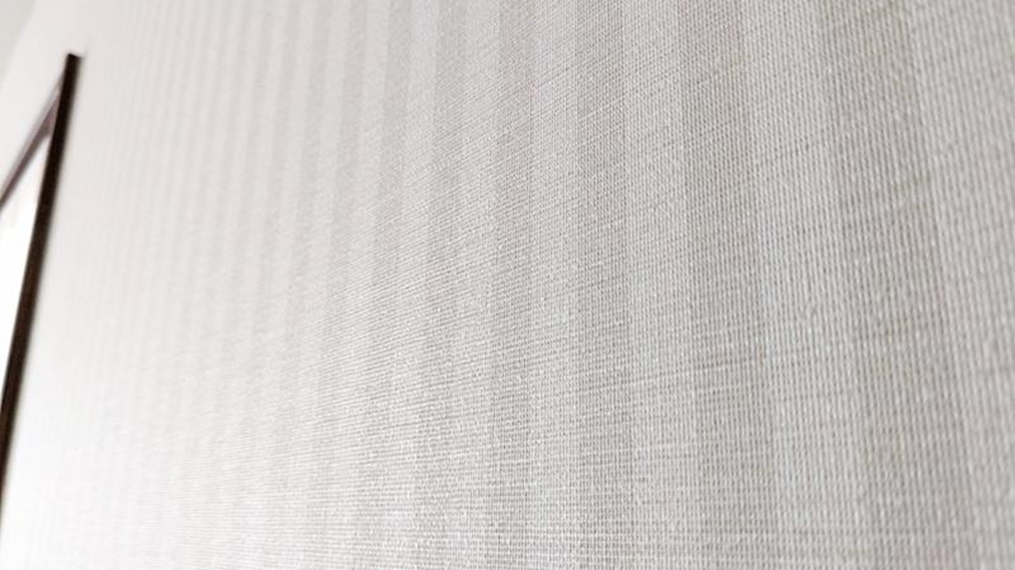 リビングから見える壁には、淡いグリーン系のベージュストライプが入ったアクセントクロスを採用。