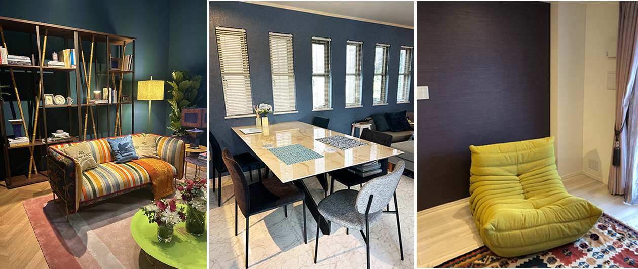 写真左から②-1,2：リビング空間を豊かにしてくれる強力なツール、一面濃色アクセント使い。写真右③：ビングの壁面に、ソファカラーと反対色となるバイオレットカラーをアクセントにした事例。