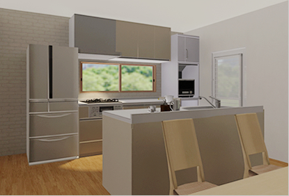 壁付きにコンロのある調理台、対面側にシンクのある調理台を並べるⅡ列タイプ。