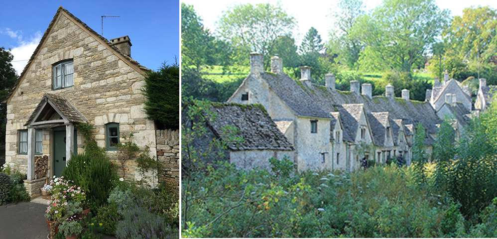 写真左から②：ハチミツ色の建物と絵本のような風景、美しい庭のコッツウォルズストーンの家。