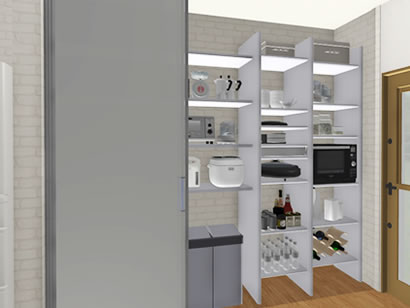 壁面に収納棚と食品庫を取り出しやすく、扉を付ければすっきりとした見た目に。
