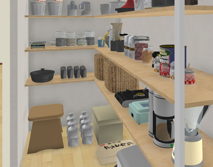 個室タイプにして、可動棚を取付ける。可動タイプなら入れる物が変わっても対応可能。