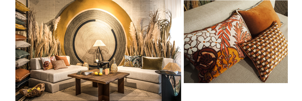 ⑧：パリのメゾンオブジェ展示会で見られた、植物繊維（ラフィア）とベルベット、リネンなど自然なカラーの多色ミックスインテリア。ディスプレイの方法など、インテリアのヒントになります。