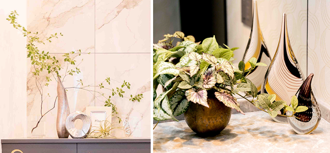 写真⑤：前後にずらしながら三角形を描くように配置することで、バランスよく、センスの良い印象に整えることができる。