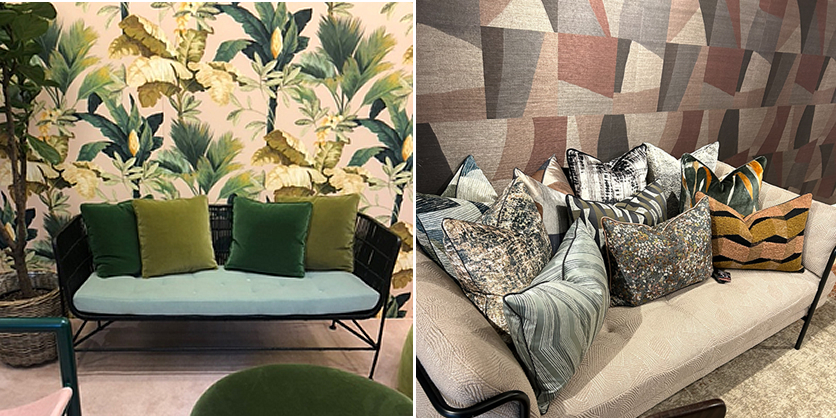 写真⑦左：壁紙やクッションなどにナチュラルなカラーやデザインを取り入れる。写真⑧右：壁紙やクッションなどに、ナチュラルなカラーやデザインを取り入れる。