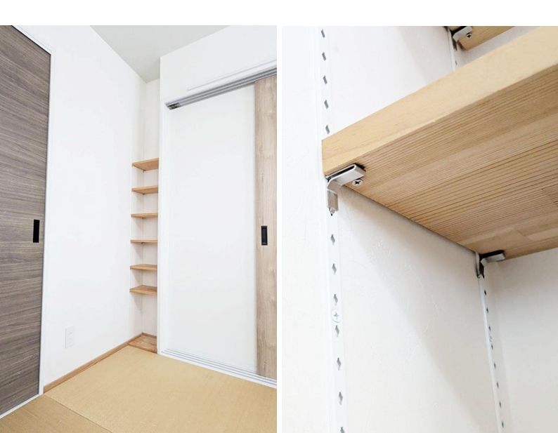 和室の出入り口３連スライドドアの横に自作の「ニッチ床の間」。ホームセンターで購入した棚の高さを変えらるレールとフック、棚板でＤＩＹしました。