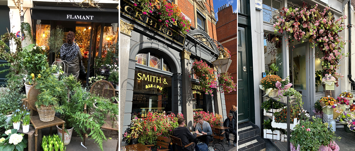 （参考写真）パリやロンドンの、お花屋さんやカフェのグリーンや花達。季節に関係なくいつも華やかです。