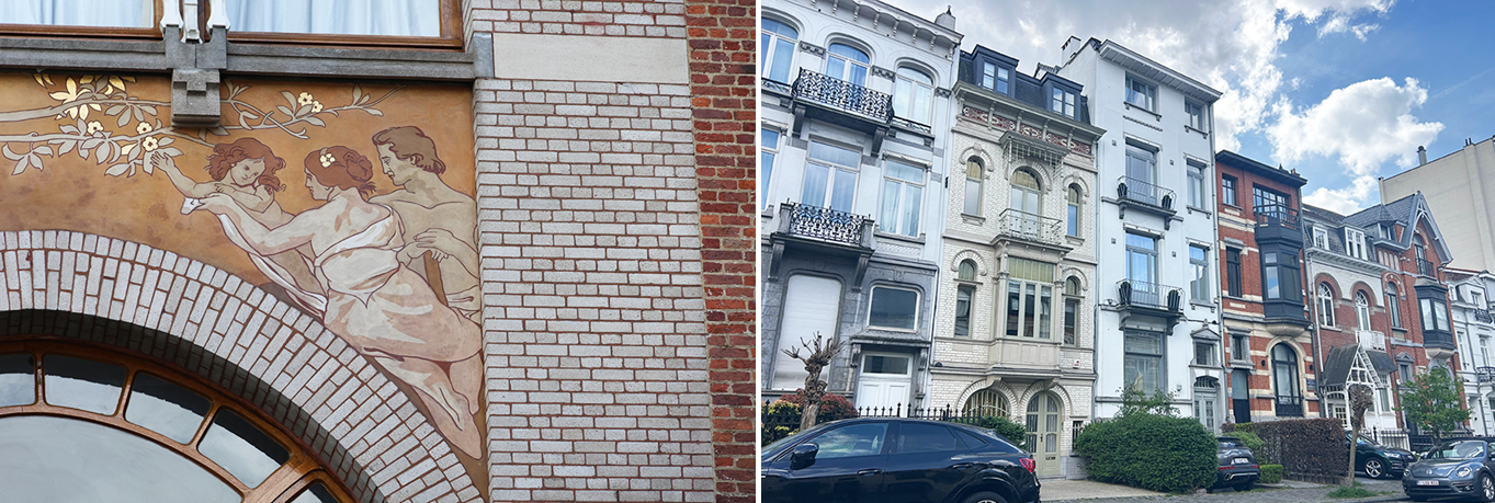 写真④：住宅街を歩くと、重厚な石造建築やネオクラシック、アールデコ、そして オルタ に代表される優雅なアールヌーボー建築など、さまざまな時代の建築が通りに自然に混在しています。