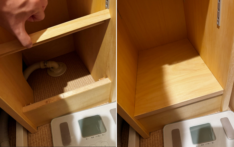 棚板を外すと排水ホースが見え、簡単にメンテナンスできる設計となりました。