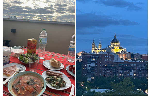 写真⑤：左、ある日の、スーパーで材料を購入して作った、気持ちの良いベランダでの夕食。右、ベランダから見る、旧市街のアルムデナ大聖堂のライトアップ。