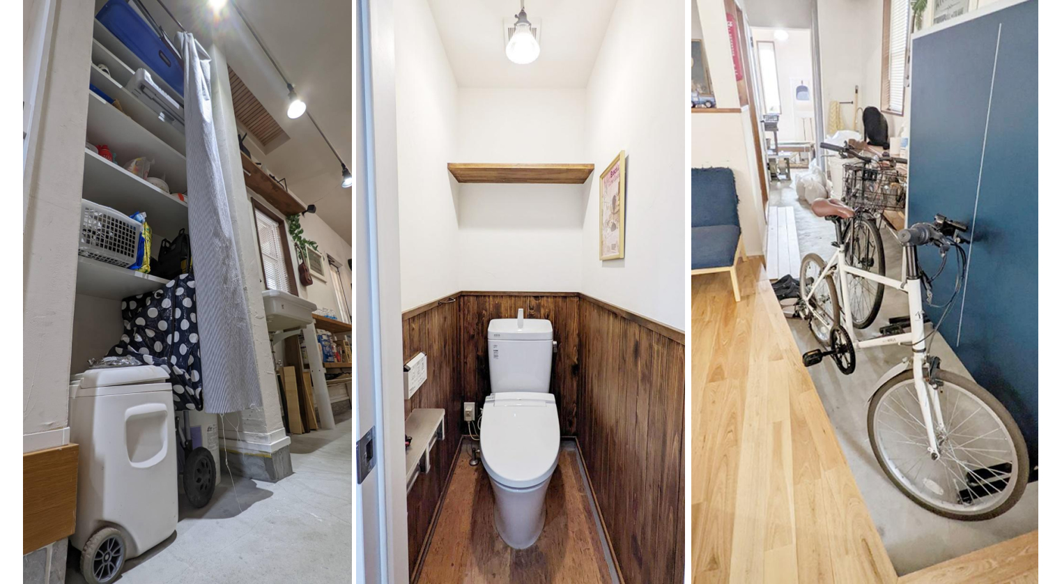 2.7ｍほど高さがある収納（写真左）、トイレは土足ではいれるように床には土足対応シートを貼りました（中）。台風接近時には自転車や植木鉢を置けるスペースも（右）。